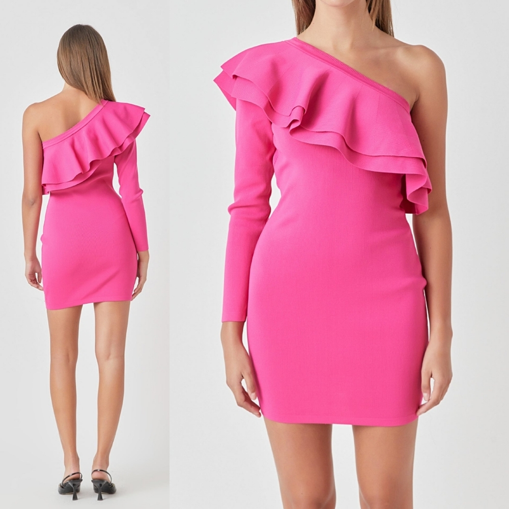 Endless Rose Anthropologie Bodycon‎ Ruffle One Shoulder Knit Mini Dress XS